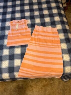 Arach & Cloz Pink and Orange Striped Knit Skirt Set Brand New